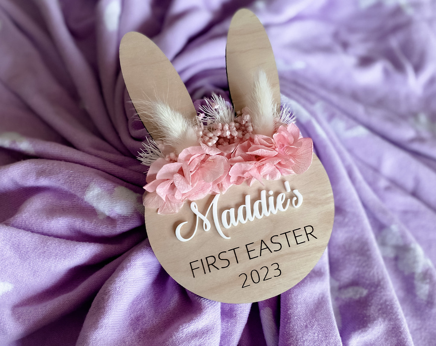 First Easter bunny sign with dried flowers