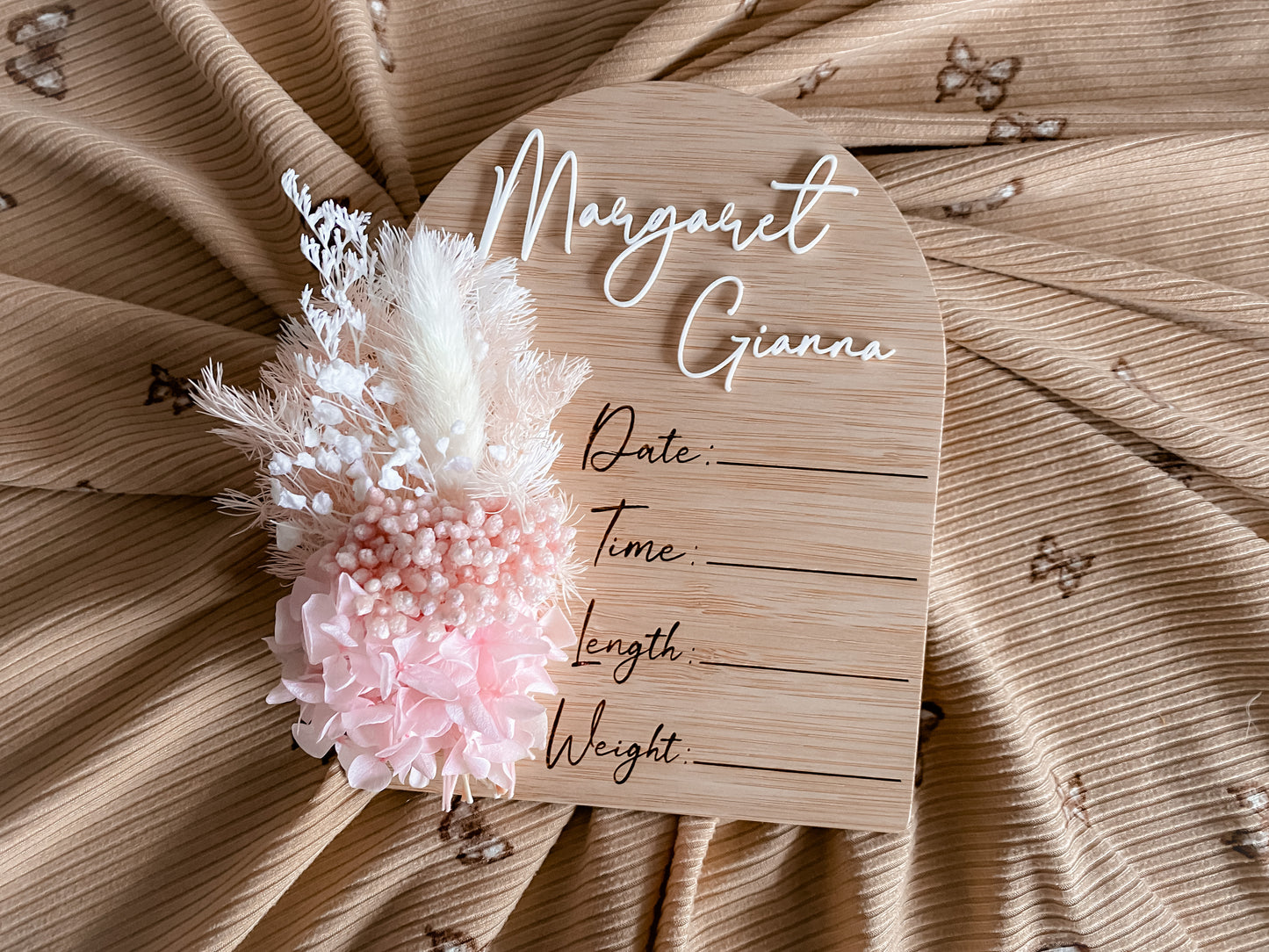 Arch writeable birth announcement pink and white florals