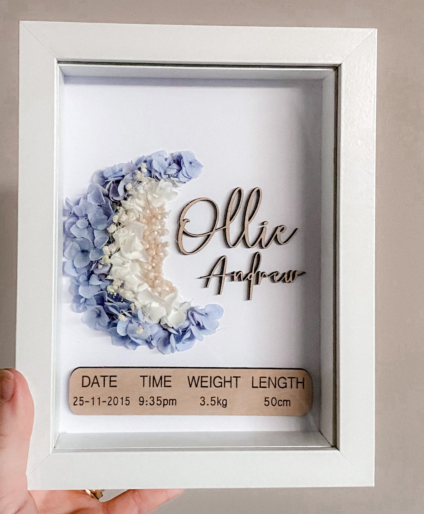 Birth detail keepsake white frame