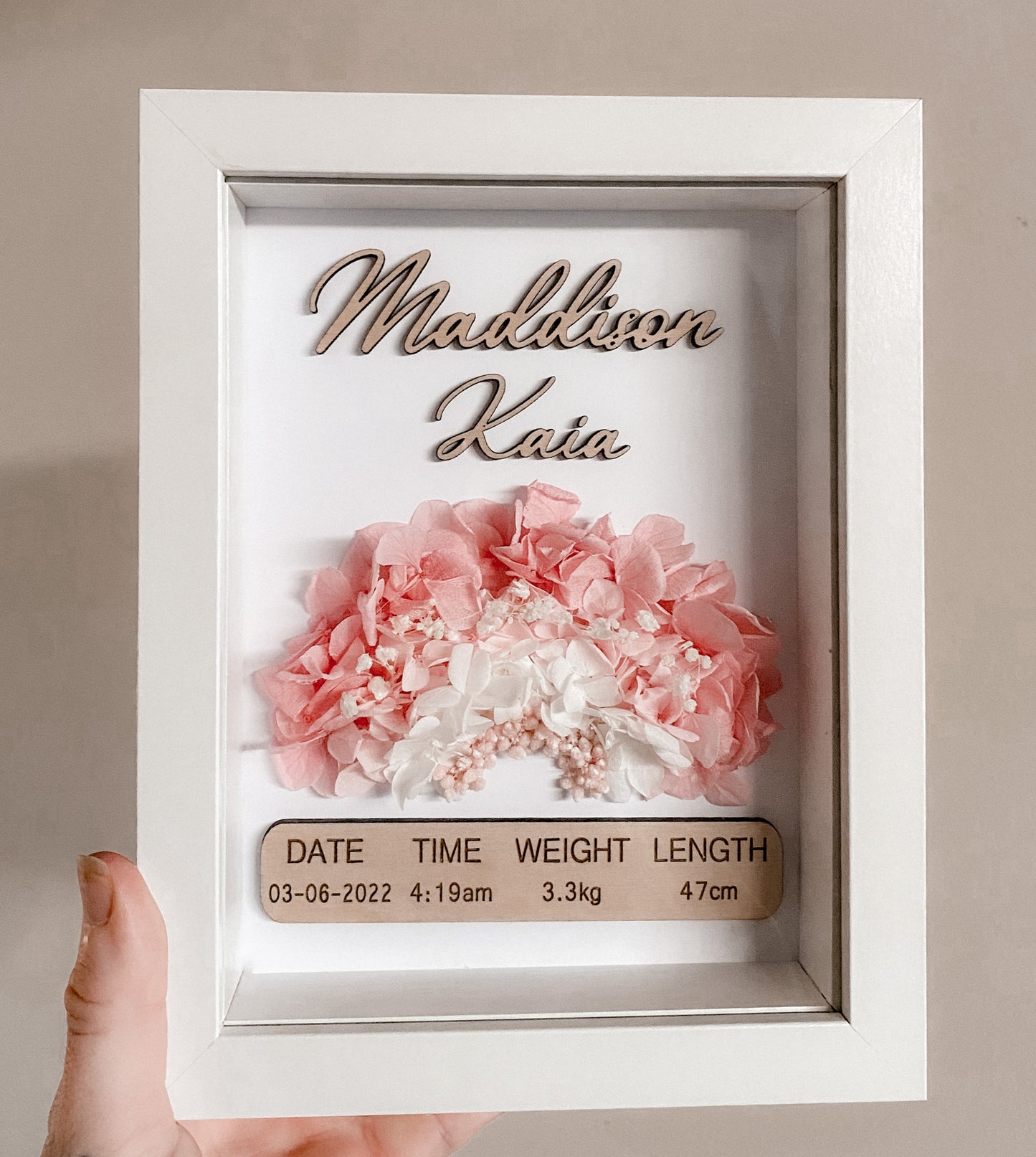 Birth detail keepsake white frame